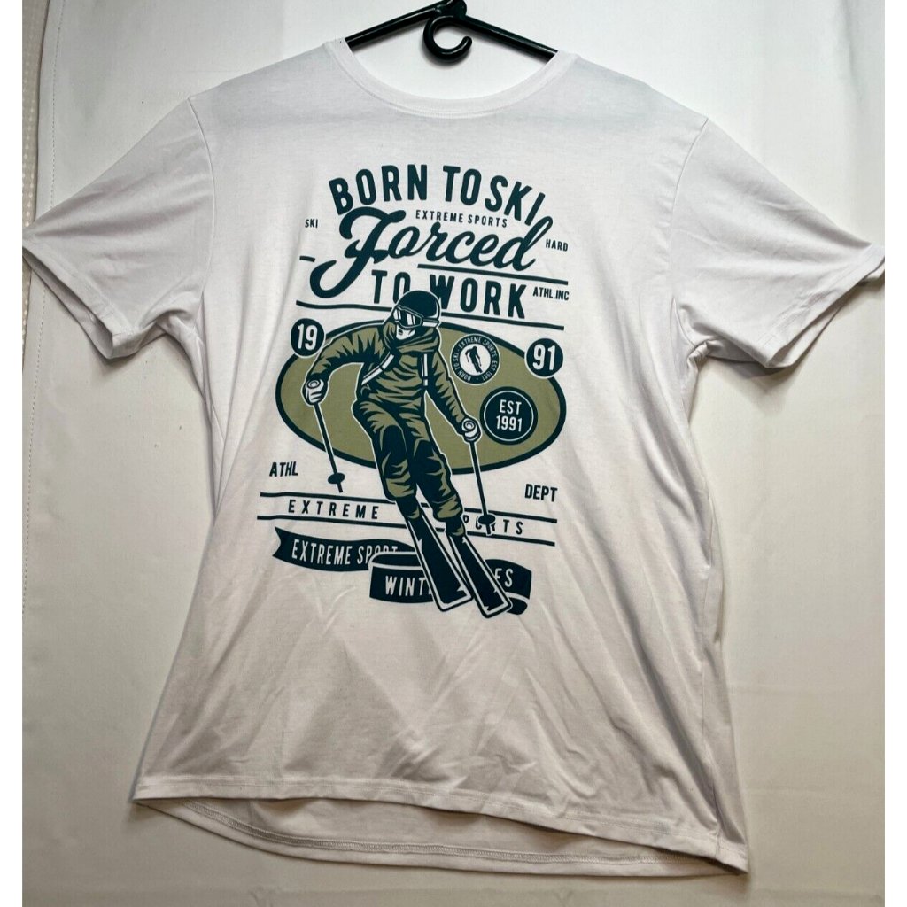 Born To Ski Forced To Work Shirt Mens Large Extreme Sports Short Sleeve White